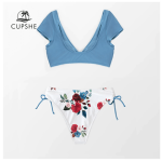 Women Sexy Blue Floral Two Pieces Bikini Sets