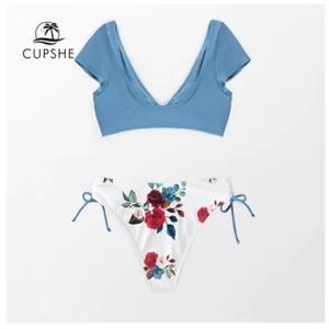Women Sexy Blue Floral Two Pieces Bikini Sets