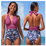 Color block Sexy Back Tie Mono Bikini Beachwear