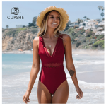 Solid Burgundy Mesh V-neck Swimsuit For Women