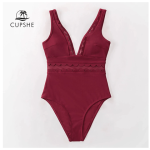 Solid Burgundy Mesh V-neck Swimsuit For Women