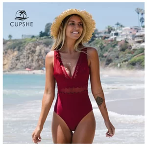 Solid Burgundy Mesh V-neck Swimsuit For Women
