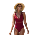 Solid Burgundy Mesh V-neck Swimsuit For Women